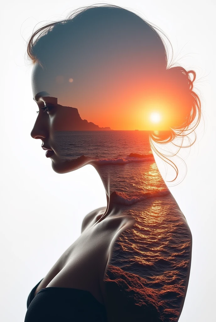high quality, 8K Ultra HD, A beautiful double exposure that combines an goddess silhouette with sunset coast, sunset coast should serve as the underlying backdrop, with its details incorporated into the goddess , crisp lines, The background is monochrome, sharp focus, double exposure, by yukisakura, awesome full color,