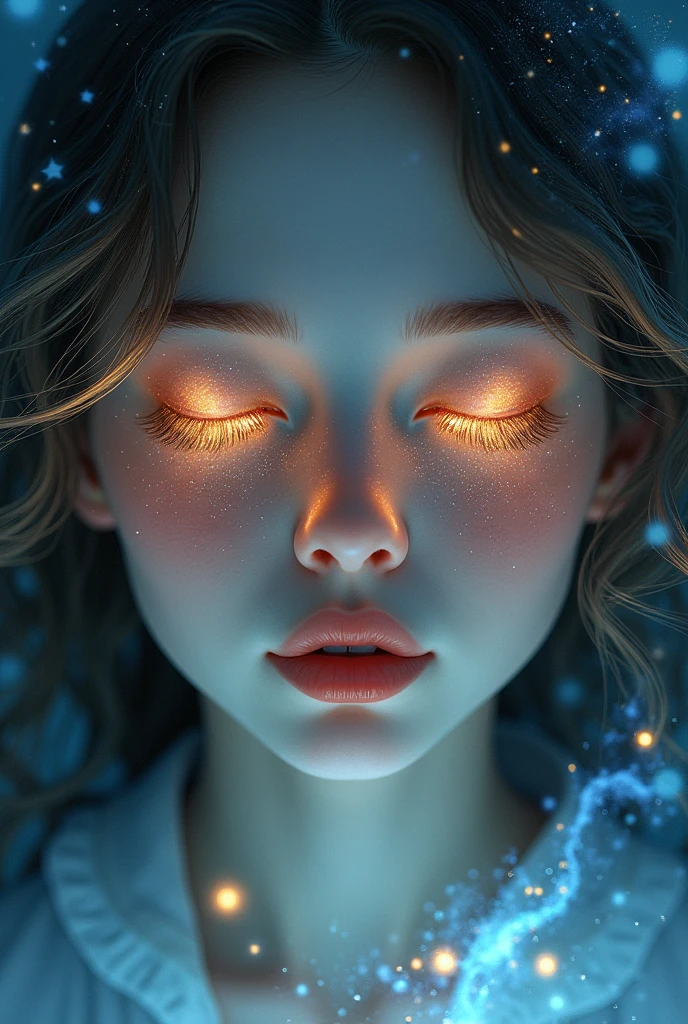Make an image of a girl face (not a complete face) radiating cosmos stars and bright light