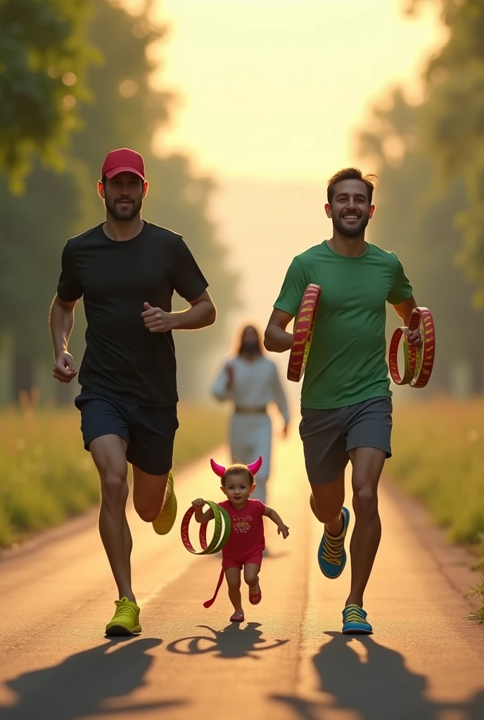 "On an open road, two people are running. The front person wears black shorts, a black T-shirt, yellow shoes, and a red cap. The second person is in a green T-shirt and blue-yellow flip-flops, holding large red and green tapes. Alongside them, Jesus, in white robes, smiles peacefully while holding a small, cute devil with tiny horns and pink ears. The road is softly lit with sunlight, with greenery on both sides. This scene is hyper-realistic, in ultra HD quality, with warm, soothing tones, similar to the uploaded image."