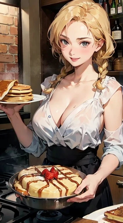 best quality, ultra-detailed, high resolution, extremely detailed cg, anime screencap, unity 8k wallpaper, pov , heaping pancakes and waffles , dark pancake master, waffle parlors,dark italian bar,chef, blouse, cute girl, (human:1),(voluptuous,well-endowed,Solo),(1lady, cook),chef,2,blonde hair, short braids, (Shoujo Kakumei Utena), bar, gentle smile , intake,collarbone,cooking, epic,pin up art,breasts, outdoors, breakfast shop, visually compelling, nature,
collarbones, cooking, epic,Persona, multiple focus
