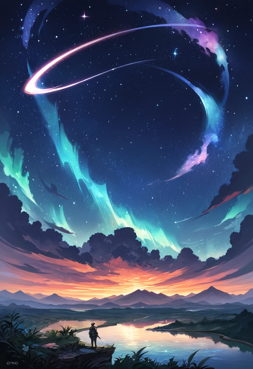 rating_safe, score_9, score_8_up, score_7_up, score_6_up, score_5_up, score_4_up, hires, source_furry, gorgeous, Landscape, Noite, flor, Jardim, Starry sky, constellations, atordoante, vista, water, quente, aconchegante, peaceful, Meteoro, cosmico, Magic, magia, particuls, Justo,
