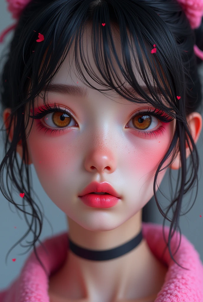 a teenager with highlighter makeup, quite white skin and black hair with pink highlights, maquillaje parecido al Fix it, with tender appearance, bangs and loose hair, longer hair, more prominent makeup, Fix it, big eyeliner and brown eyes