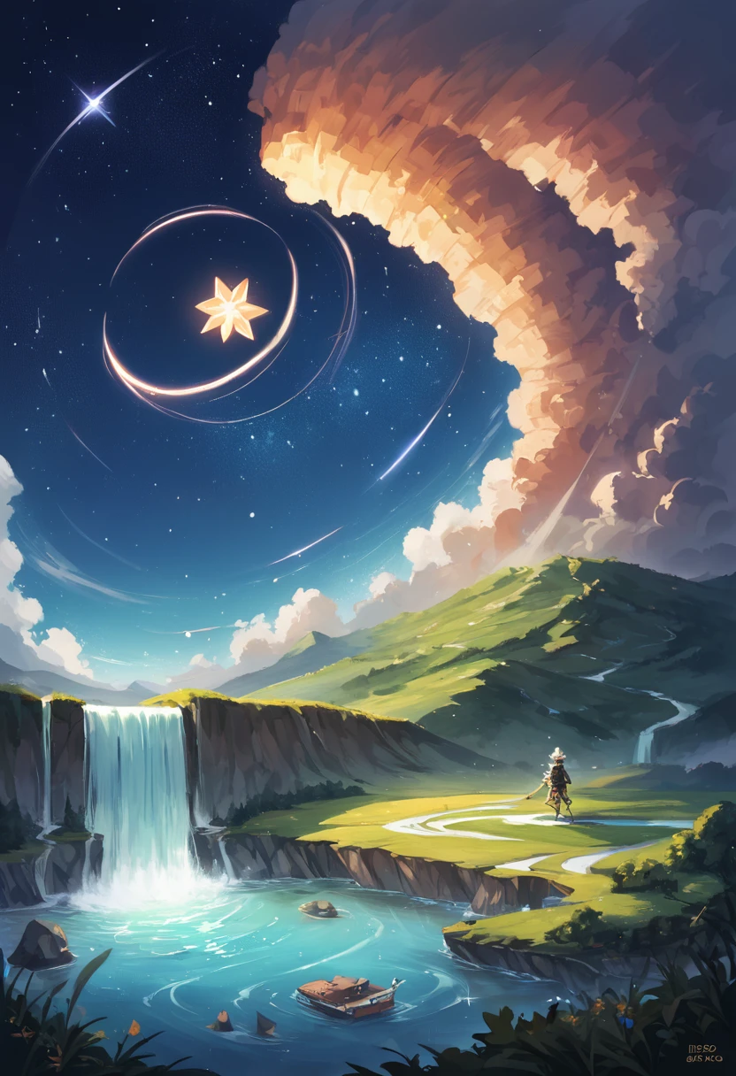 rating_safe, score_9, score_8_up, score_7_up, score_6_up, score_5_up, score_4_up, hires, source_furry, gorgeous, Landscape, Noite, flor, Jardim, Starry sky, constellations, atordoante, vista, water, quente, aconchegante, peaceful, Meteoro, cosmico, Magic, magia, particuls, Justo,