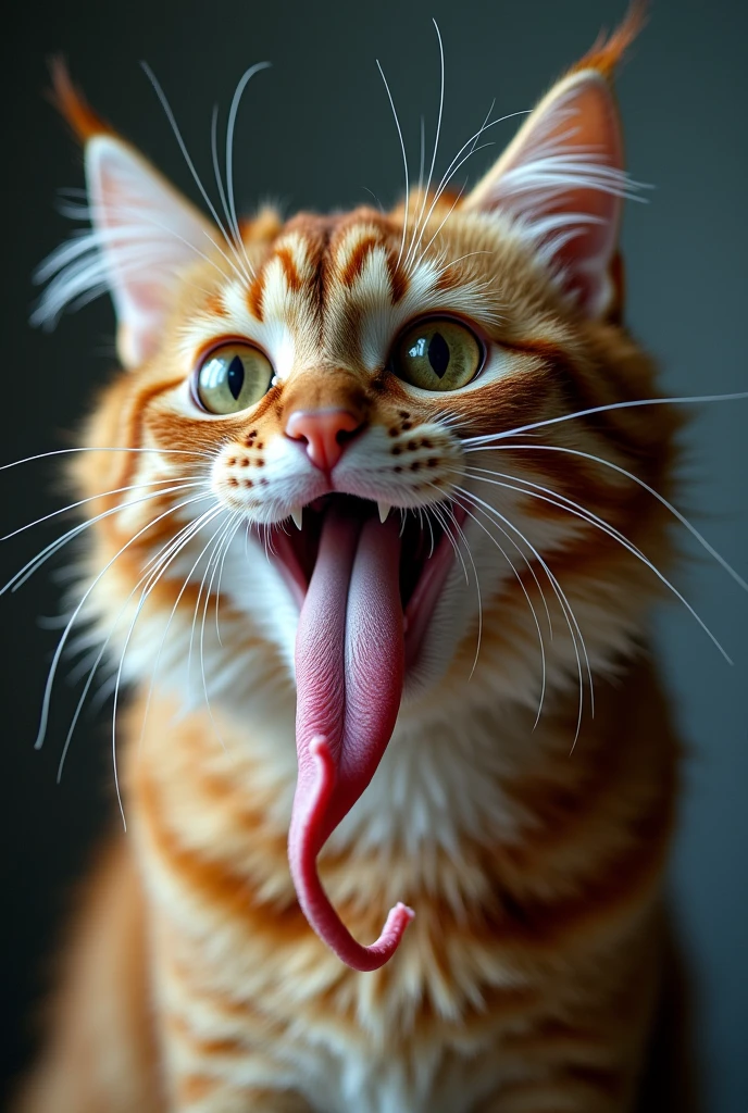 A furry cat with his long twisty tongue