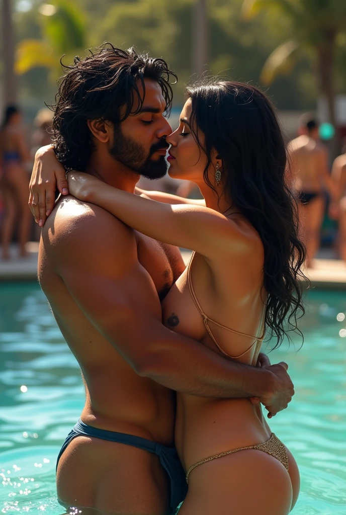 A fat indian man kissing a short huge booty NAKED latina mom in a public pool with a man watching in the corner