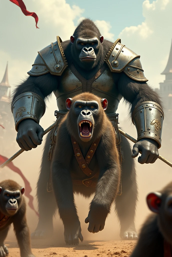a gorilla wearing medieval armor, on top of a war chariot, running over other monkeys.