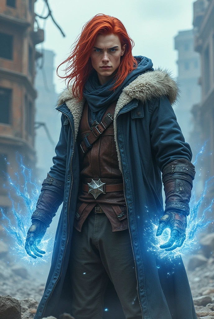image ultra realistic; young man between 2, Red-Haired, long hair up to the shoulders, offwhite, violet eyes, warm clothing, and using ice powers and atomic manipulation, post apocalyptic background scenario