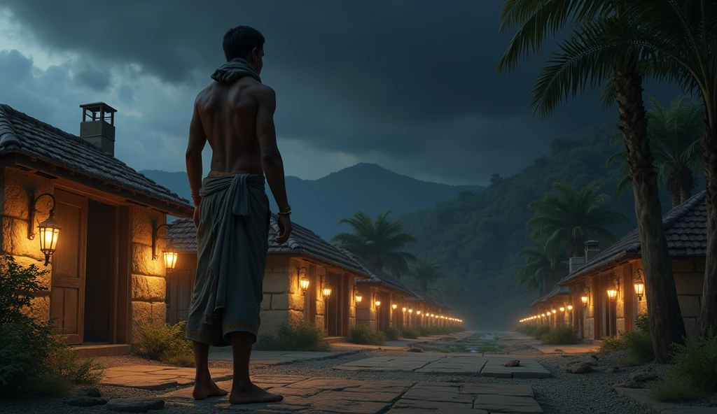 A humble-looking young man stands on the edge of a small isolated village, surrounded by dense forests. The sky is cloudy, with signs of a storm approaching. The village is simple, with wooden houses and narrow paths, reflecting a peaceful yet secluded life. (Shiny Egyptian Ornaments),High Resolution,Sharp Focus,(Ultra Detailed,Extremely Detailed), (Boy),(Photorealistic Art:1.37),(Extremely Detailed CG Unity 8k Wallpaper),(((Vibrant Colors,Vibrant Theme))),(Intricate),(Artwork),(Best Quality),Artistic Photography,(Photograph Taken By Sldr),(Intricate Background),Perfect Rendered Face,Perfect Face Details,Realistic Face,Photorealistic,(((Intricate Detail)),(((Realism)))