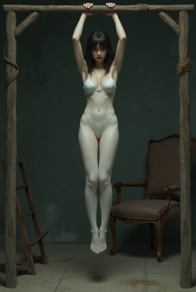 Photograph of an anorexic emaciated extremely skinny Swedish female model, completly naked except for stockings and choker, hands on hips, sweaty wet body, the lighting in the room  good, show full height of model from knees up, she  sitting on a stool, her legs are spread open, her knees are apart, she  facing the camera, she  looking at the camera, her body  wet with sweat, wide diamond neck choker 12 inches wide,  beautiful colored necklace, show breasts, show legs, she has a big smile, her teeth are showing, medium sized breasts, long pink hair in pigtails, large hoop earings, bright red lipstick, incredibly skinny body, extremely skinny body, emaciated body, tiniest waist ever, well-defined collar bones, well-defined hip bones, well-defined ribcage, extremely skinny arms and legs, weak and fragile body, masterpiece, anatomically correct, textured skin, super detail, high details, high quality, best quality.