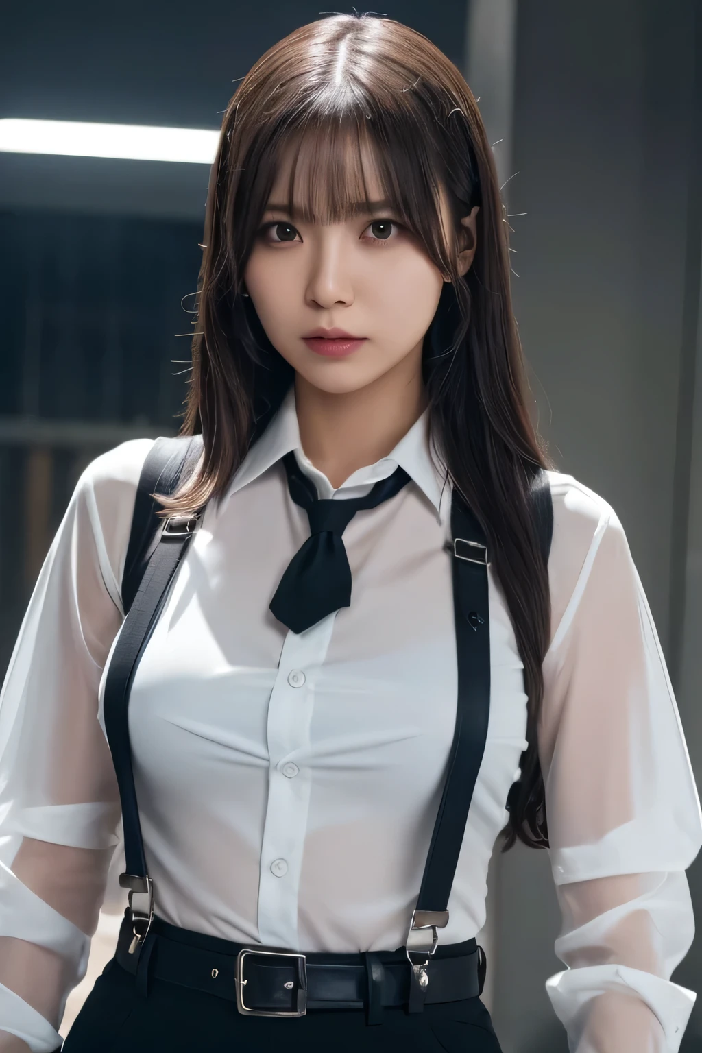 a woman in a suit, belt, hands behind back, sweating, suspenders, black pants, sexly, large breasts, see-through clothing, rain, detective, office worker, white button-up shirt, (best quality,4K,8k,highres,masterpiece:1.2),ultra-detailed,(realistic,photorealistic,photo-realistic:1.37),hyper-detailed,highly detailed face and body, Slender thin suspenders Moderate breasts See-through shirt Nipples holster chain Pistol Armament criminal Female criminal knife black mask sweat sweating See-through clothing