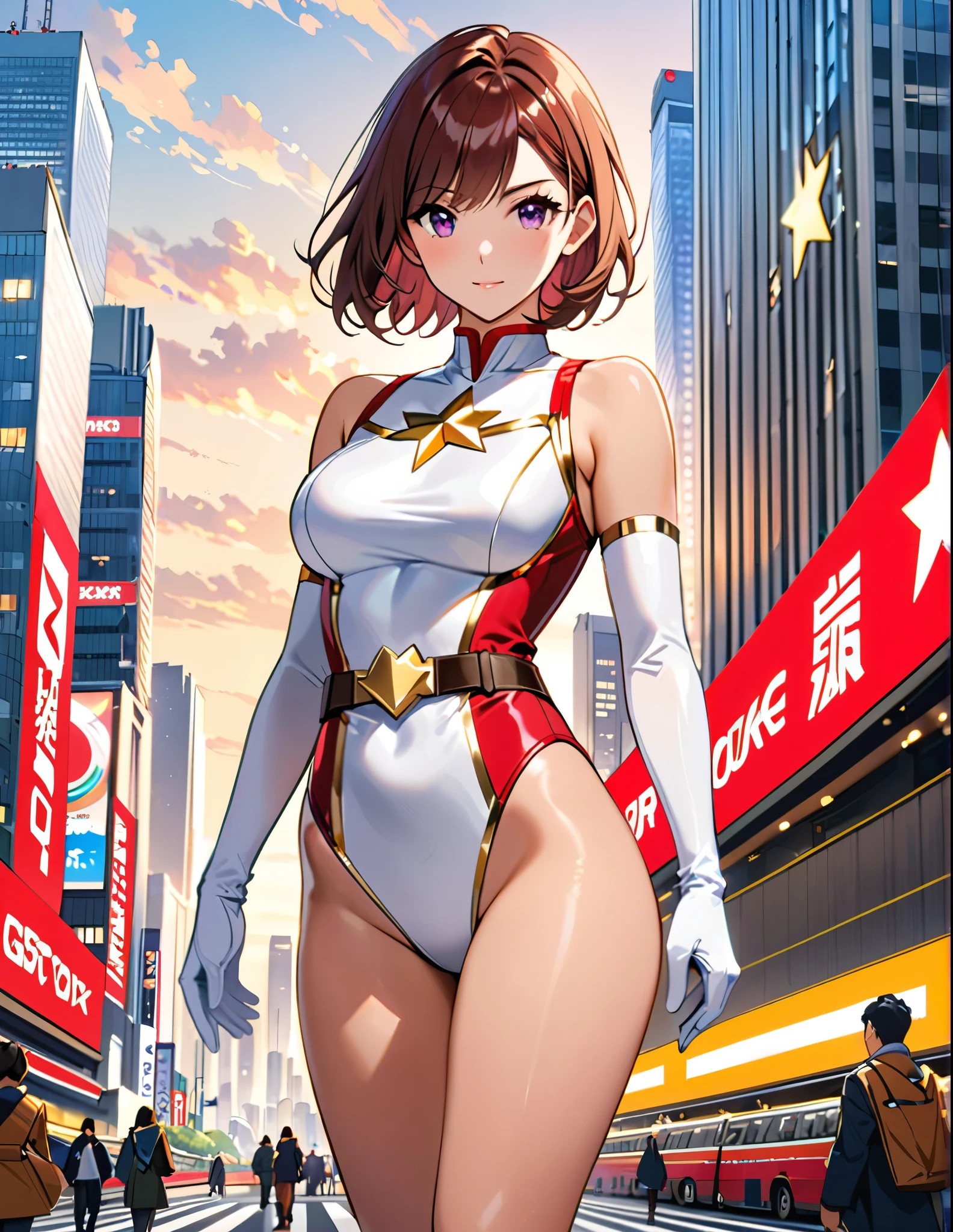 (masterpiece), (best quality), (high res), medium breasts, ((leotard, white and red leotard, matching leotard, sleeveless, bare legs)), ((tight belt, gold belt)), ((boots, matching boots, ankle-high boots, white boots)), ((gloves, white gloves)), city backdrop, tokyo city backdrop, solo, solo focus, standing, (full body), cowboy shot, superhero, ((beautiful detailed eyes)), ((gold star symbol on chest)), (brown hair, medium hair, bob hair, purple eyes), (perfect hands, perfect anatomy), cowboy shot, superhero, ((beautiful detailed eyes)), full body costume design.