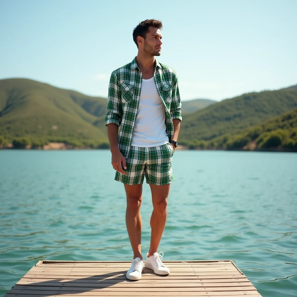A white man, aged 36, model type, with short dark hair, with clear eyes, wearing a white shirt underneath a green and white plaid shirt, swimming trunks, tennis, on top of a pier on a lake in Alentejo