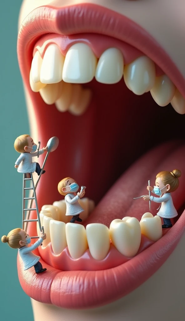 close-up of an open mouth, tiny dentists standing on ladders and scaffoldings inside mouth, scanning on the teeth, realistic, cute