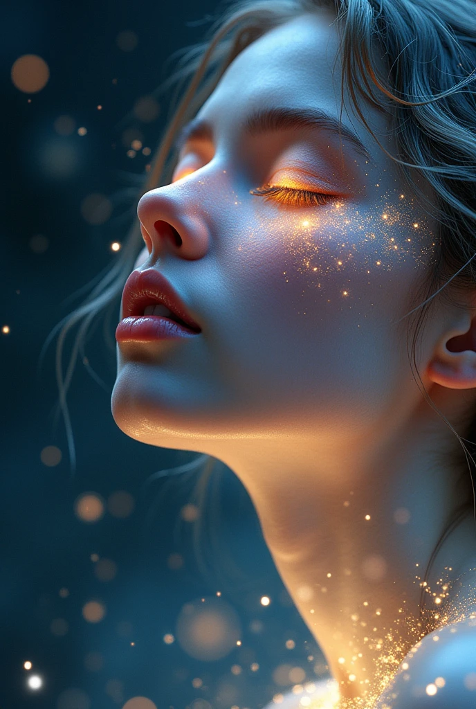 Make an image of a girl face (not a complete face) radiating cosmos stars and bright light