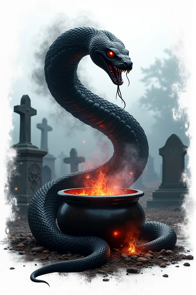 Black snake logo on white background, viper, Lair, cauldron, realisitic, Black Snake, Spell, cauldron, black manba viper snake, Eyes red, fire, cemetery, smoke, a snake, fundo branco 