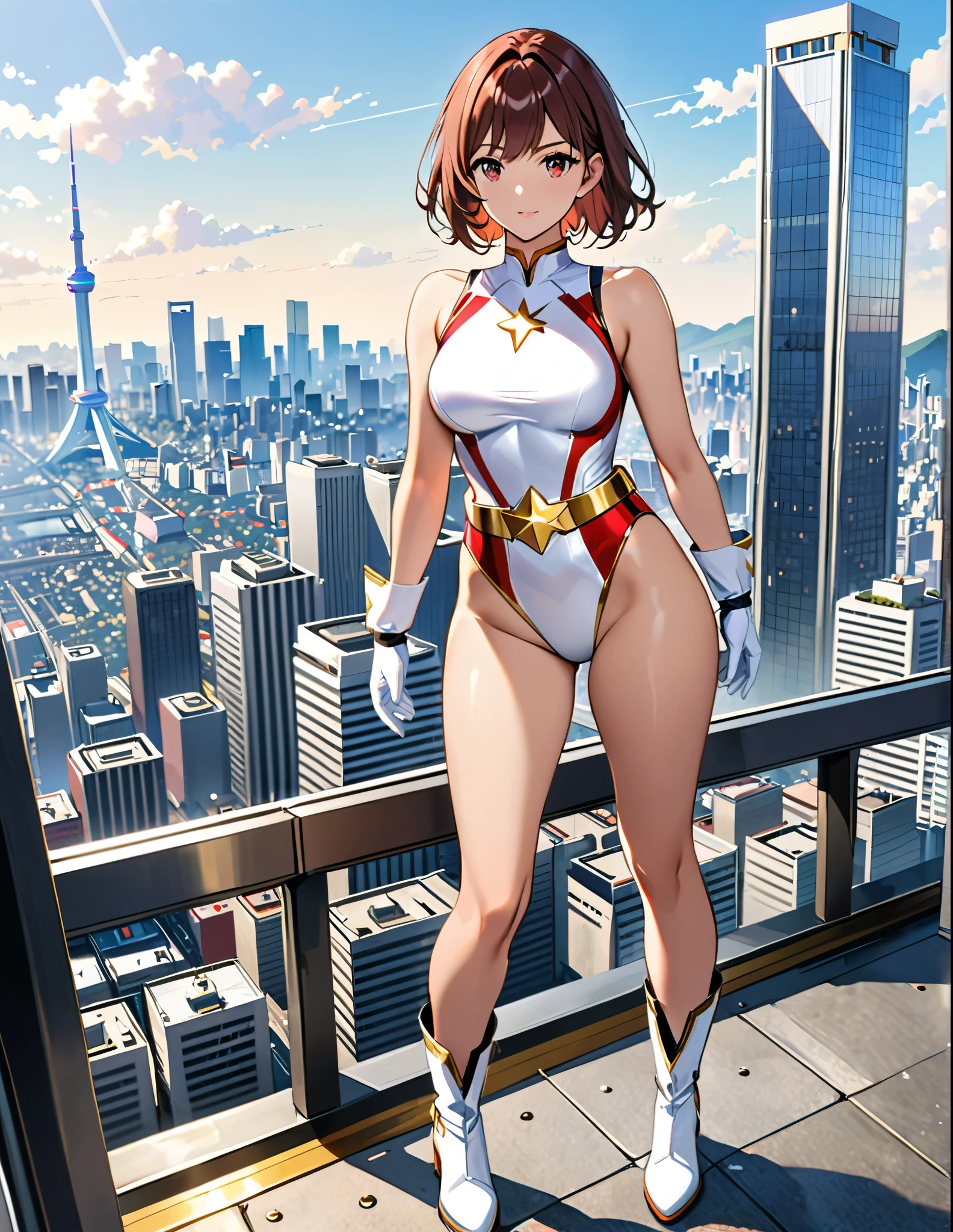 (masterpiece), (best quality), (high res), medium breasts, ((leotard, white and red leotard, matching leotard, sleeveless, bare legs)), ((tight belt, gold belt)), ((boots, matching boots, ankle-high boots, white boots)), ((gloves, white gloves)), city backdrop, tokyo city backdrop, solo, solo focus, standing, (full body), cowboy shot, superhero, ((beautiful detailed eyes)), ((gold star symbol on chest)), (brown hair, medium hair, bob hair, purple eyes), (perfect hands, perfect anatomy), cowboy shot, superhero, ((beautiful detailed eyes)), full body costume design.