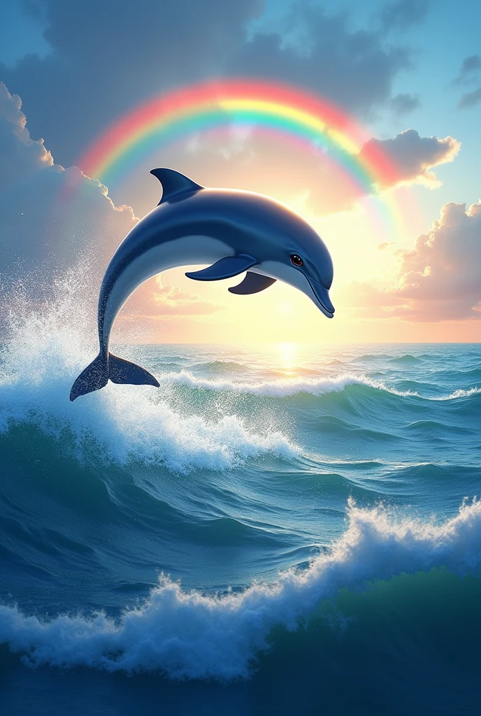 Generate the ocean with a jumping dolphin and bright rainbow colors