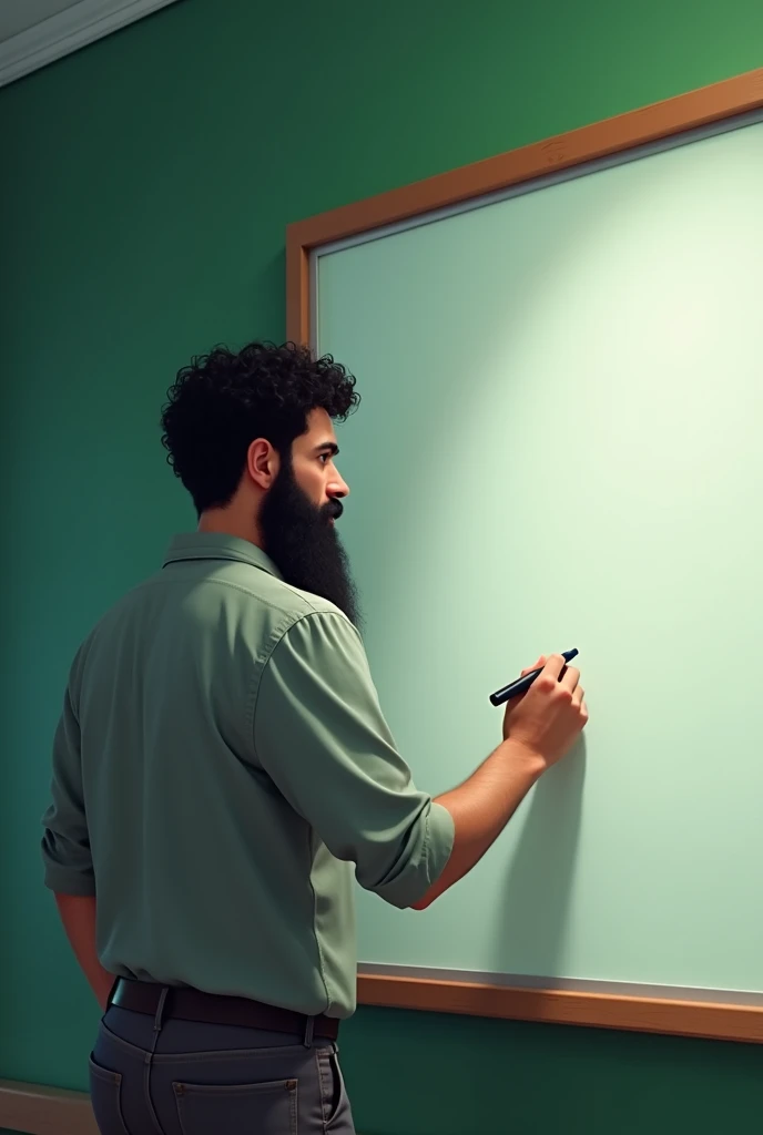 Back green wall a teacher write in white board man are have black 
long beard and short curls hair 