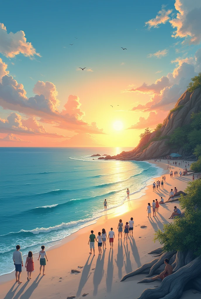 Create a image of sunset on sea with a beach with some people