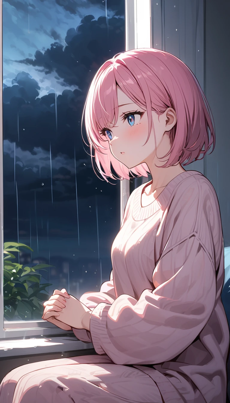 (1 girl), (Best Picture Quality, 8K, Masterpiece:1.3), (high school student:1.5), ((pink lob hair:1.1)), (bob cut), (swept bangs), (cute eyes, pupil black, iris skyblue, youthful face), (mole under right eye), (standard weight), (small breasts), (big hip), (glistening skin:1.1), (pale skin:1.2), BREAK (casual indoor outfit, oversized knitted sweater in soft pink:1.2, loose pajama pants), BREAK (looking far away), BREAK (sitting next to a window), BREAK (holding hands together as if praying), BREAK (outside the window, stormy weather:1.3, rain hitting the glass, dark clouds), BREAK (dimly lit room with soft, warm lighting), BREAK (view from the side), BREAK (bedroom setting with minimal decorations, cozy atmosphere).