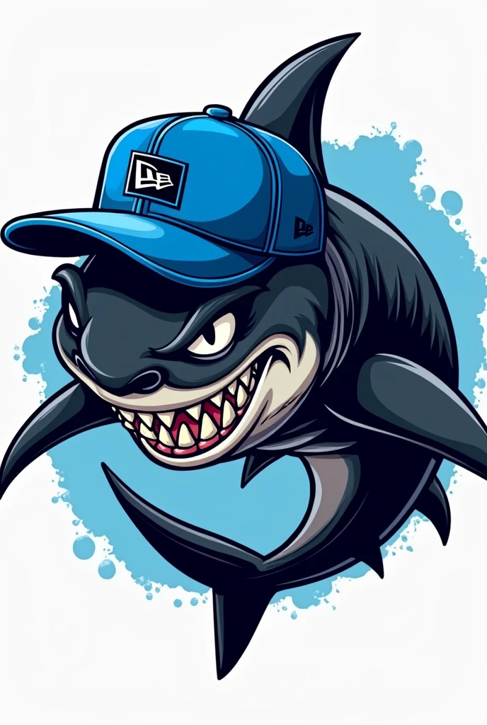 Create a logo of a black shark with a blue New Era cap