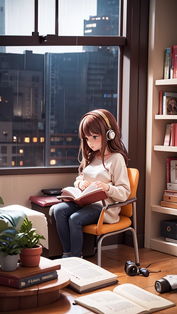Make a picture of a beautiful girl in her 20s, casual, wearing earphones, sitting on a chair next to the window, reading a book in her room, dense urban environment, heavy rain outside the house, night time, side view