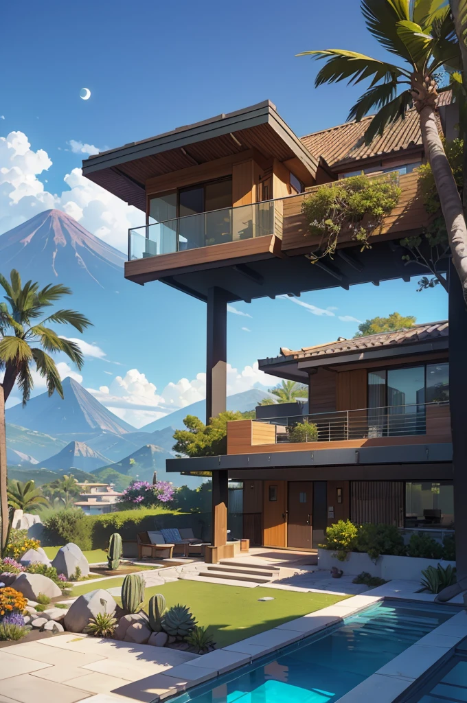 small and beautiful modern house in top of big boulders, terraces, pool, stairs, multiple cacti gardens, palms, trees, rocks, beautiful landscape design, mountains and volcano y background, amazing clouds, sun, moon, planets, milky way galaxy, concrete, wood, glass and steel materials, olive green, violet, orange and withe colors in facade