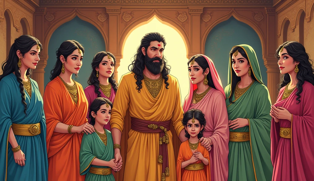 A scene of King Subala, Shakuni, Gandhari, and other family members in the royal palace of Gandhara, showing their unity and happiness.
In comic style 