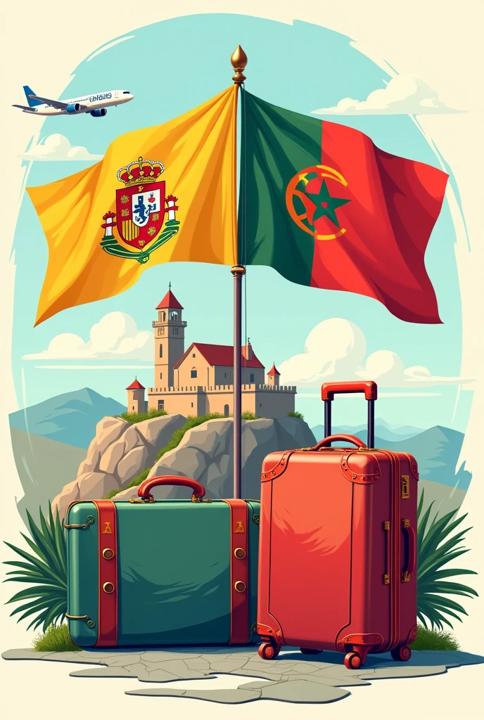 Illustration with flags of the countries Andorra, Morocco, Portugal and Spain! Put all four together, without altering the original design, on a travel related topic