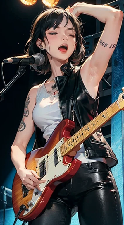 a girl playing a guitar in a concert, 1 girl, black hair, arm tatto, black hair, piercing, leather sleeveless jacket, black leather pants, closed eyes, open mouth
