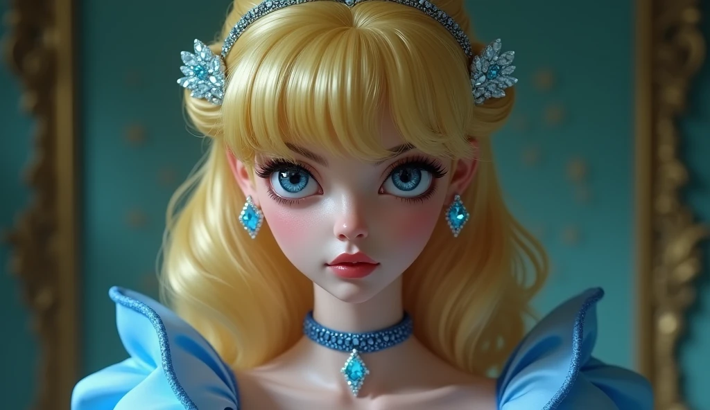 Cinderella,Cinderella,Yandere,Blonde,Retro Hairstyle,Diamond Hair Accessories,Blue shoes,Crystal slippers,a disdainful expression