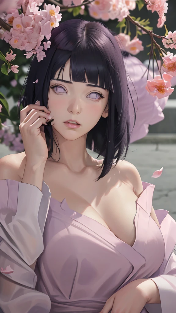 masterpiece, absurdres, hinata\(boruto\), 1girl, solo,mature female, off-shoulder oversized shirt, looking at viewer, (falling petals), perfect composition, detailed lips, big breast, beautiful face, body propotion, blush, (pink lips), long hair,  purple eyes,  soft gaze,  super realistic, detailed, photoshoot, realistic face and body,