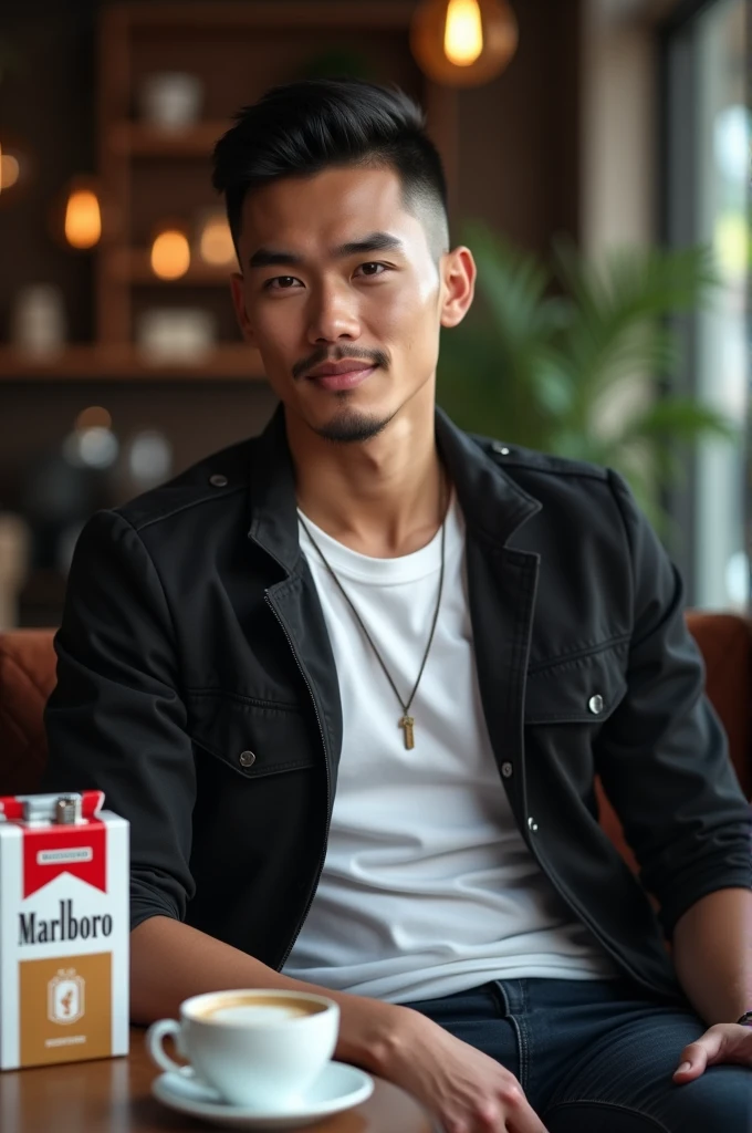 A handsome Indonesian man with a clean face, very short black hair with a slightly athletic look on the sides, wearing a white t-shirt with a premium logo, with an open black jacket,Neat jeans, stylish sports shoes, sitting relaxed in a cafe, with a cup of coffee and Marlboro cigarettes and a luxury lighter, realistic hd