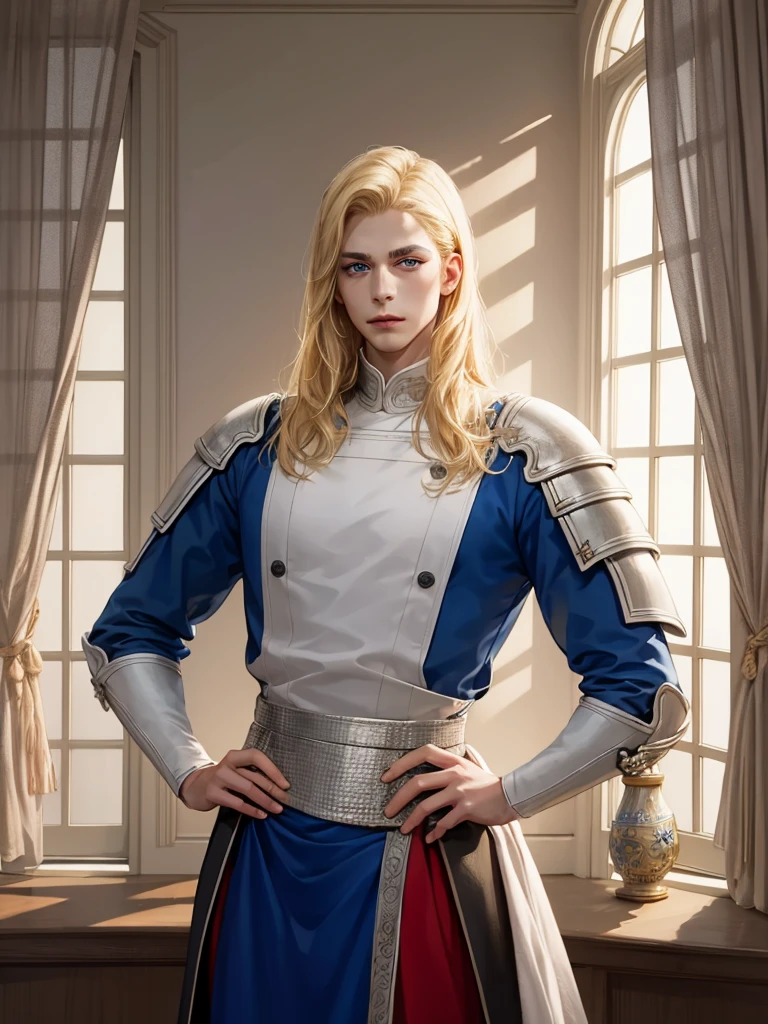 ((Best Quality)), ((masterpiece)), (detailed), 1 man, perfect face, thesis clara, shoulder length hair, middle part hairstyle, completely blonde hair, posing like colonial paintings, background next to a window that overlooks the forest at dawn, blue eyes, Templar knight dress