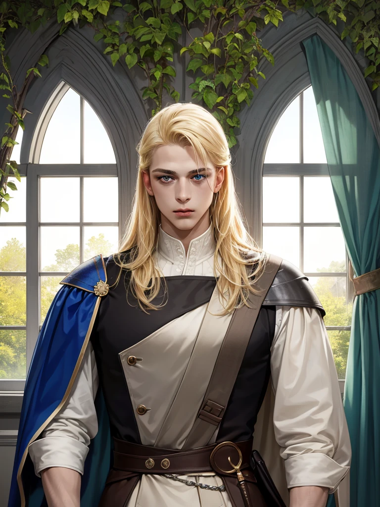 ((Best Quality)), ((masterpiece)), (detailed), 1 man, perfect face, thesis clara, shoulder length hair, middle part hairstyle, completely blonde hair, posing like colonial paintings, background next to a window that overlooks the forest at dawn, blue eyes, Templar knight dress