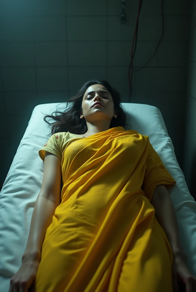 A girl in yellow saree dead body laying down in a morgue bed 4k realistic 