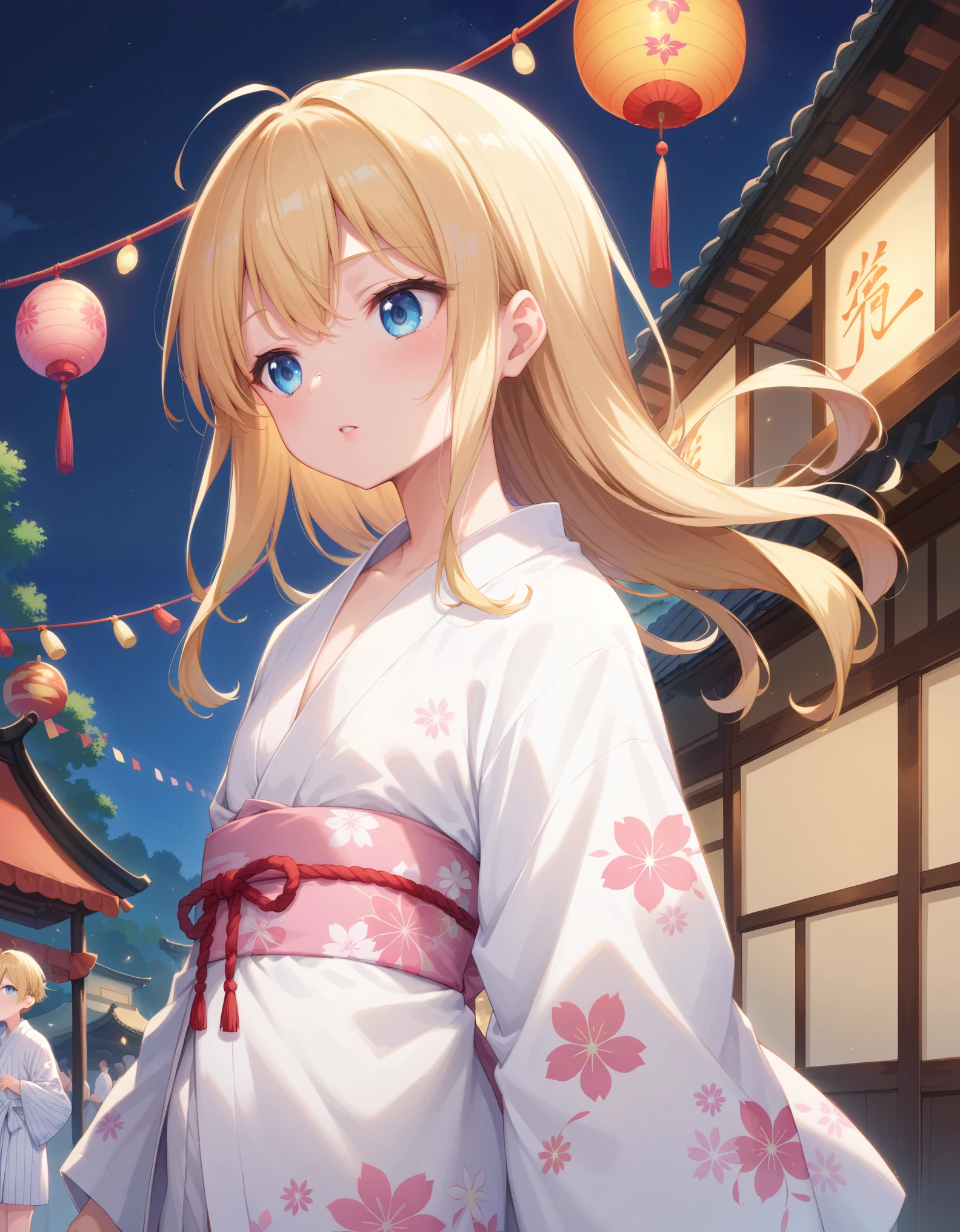 score_9,score_8_up,score_7_up,source anime, solo, shiina_anzu,blonde hair,long hair,blue eyes,parted lips,flat chest,white yukata,pink yukata,looking away,japan,summer festival,night,sky,