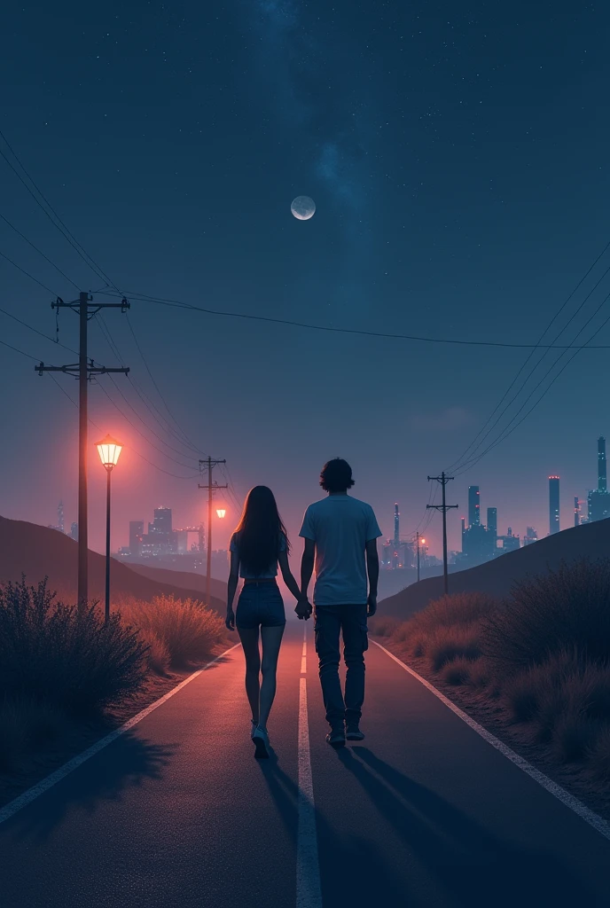 one side factory city other side desert with bushes, starry night, couple walking holding each others hand, light foggy, sodium street light, mystic feel, lone road, beautiful girl- hight 5'2" weight 55 kg wearing jeans and tops, man 5'7" weight 85 kg with silky straight hair, wearing cargo pant and t-shirt.