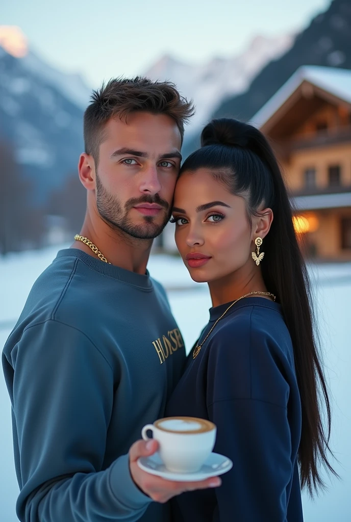 Usando cordao fino de ouro com uma águia Usando Moletom unissex Gola Careca Blusa De Frio Básico Sem Capuz na sea blue , Hugo Boss 3D print in front of a luxurious house in Switzerland with snow and a cup of cappuccino in his hand gold watch , dynamic poses , Youngh,grown-up,beautiful tall,offwhite,German, green eyess,beard made, athletic body,short hair kissing young man, Photo far away In action poses Wearing Unisex Sweatshirt Crew Neck Basic Cold Weather Top Without Hood in (sea blue) estampa Hugo Boss 3D em frente a um casa luxuosa na Suiça com neve com um copo de capuccino na mão dynamic poses uma jovem adulta linda branca, green eyes , illuminated nose using gold eyeshadow red lipstick, well made up, long and very straight hair,make her hair in a very high bun black, wearing gold accessories, thin gold necklace ,Small Gold Eagle Earring.