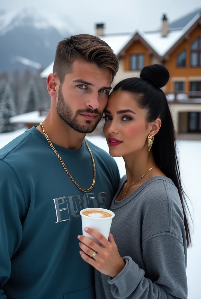 Usando cordao fino de ouro com uma águia Usando Moletom unissex Gola Careca Blusa De Frio Básico Sem Capuz na sea blue , Hugo Boss 3D print in front of a luxurious house in Switzerland with snow and a cup of cappuccino in his hand gold watch , dynamic poses , Youngh,grown-up,beautiful tall,offwhite,German, green eyess,beard made, athletic body,short hair kissing young man, Photo far away In action poses Wearing Unisex Sweatshirt Crew Neck Basic Cold Weather Top Without Hood in (sea blue) estampa Hugo Boss 3D em frente a um casa luxuosa na Suiça com neve com um copo de capuccino na mão dynamic poses uma jovem adulta linda branca, green eyes , illuminated nose using gold eyeshadow red lipstick, well made up, long and very straight hair,make her hair in a very high bun black, wearing gold accessories, thin gold necklace ,Small Gold Eagle Earring.