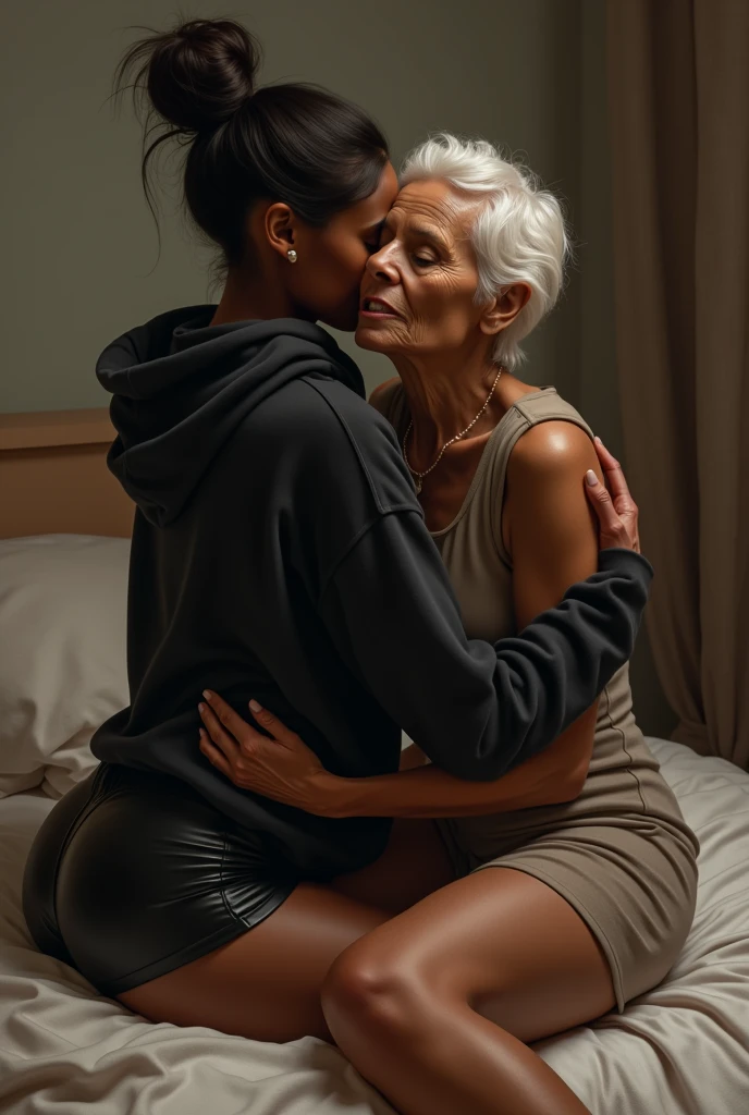 black woman hair in a bun black hoodie black leather short shorts a old grandma in a dress in the bed with her making love and having sex