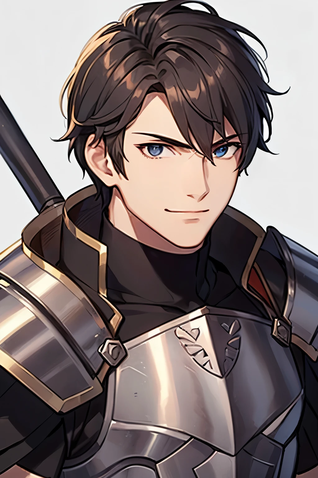 (high-quality, breathtaking),(expressive eyes, perfect face) 1male, boy, solo, portrait, Fire Emblem Awakening, Symmetrical Eyes, grey background, dark Brown hair color, short hair length, messy wavy hair, upper body, dark brown eyes, detailed eyes, masculine face, positive expression, charming smiling, Fredrick (Fire Emblem: Awakening), brown and grey armor, weapon, breastplate, polearm, gauntlets, shoulder armor, pauldrons, upper body, messy shaggy hair, Fire Emblem Portrait, hair pushed aside
