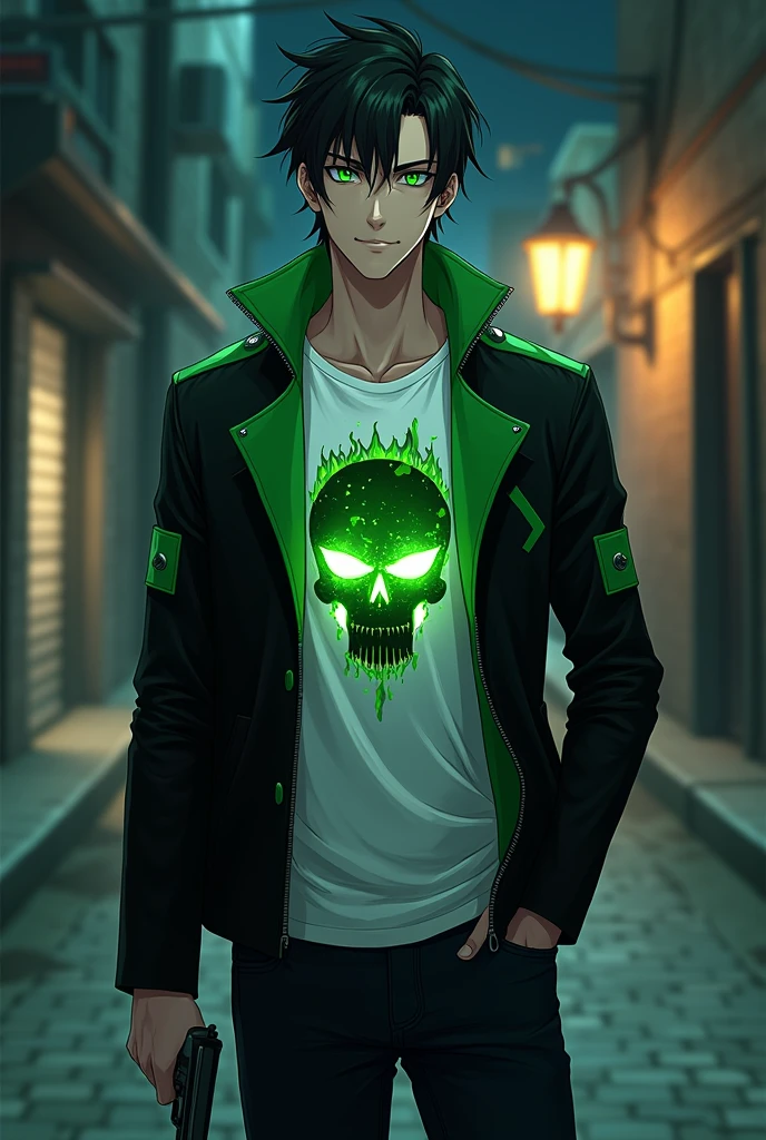 A 1 anime handsome guy with flashy green eyes , a pistol in his right hand , a black fit jacket with green lined on it and a white t-shirt with a picture of skull burning in green flames in the middle of that . black neat hair and a devilish little smile on lips , a strong body as a sign of exerciser being , standing in front of you and poser while a left hand is in his dark blue jean's pocket . white skin , in night view on a quiet street