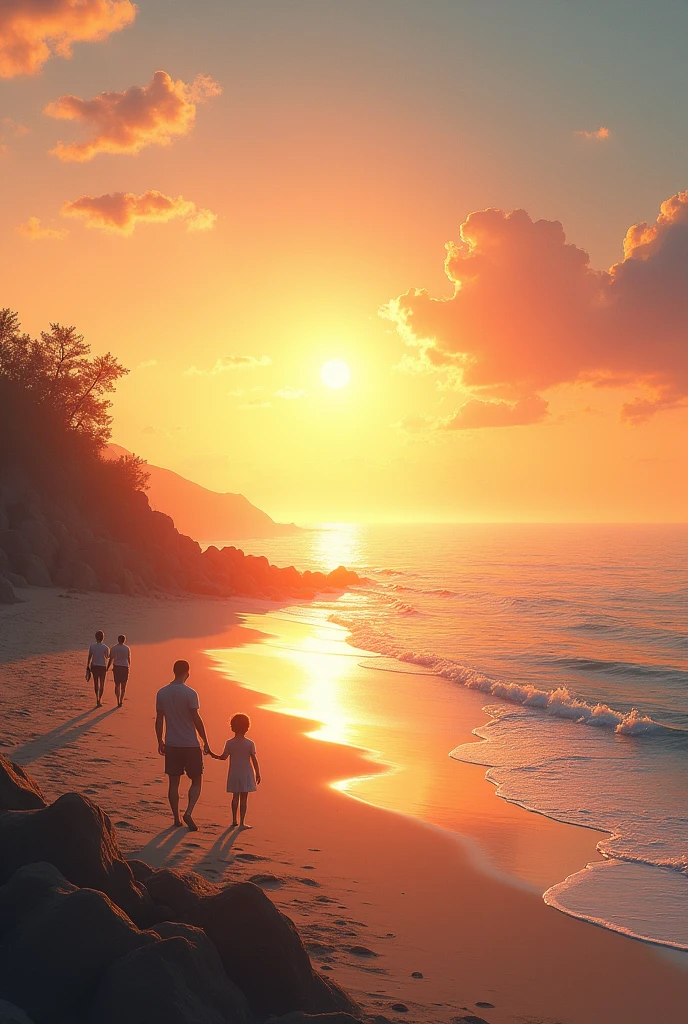 Create a image of sunset on sea with a beach with some people which looks realistic