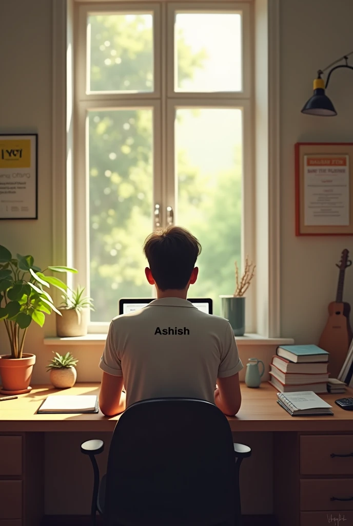 Create a serene and motivational study environment featuring a clean, organized desk with books related to SSC JE preparation, a laptop, and a cup of coffee or tea. Include a comfortable chair with you, Ashish, sitting at the desk and studying. Ensure your face is clearly visible and you’re wearing a shirt with your name on it. The background should have a large window with a view of a peaceful garden or park. The room should be well-lit with soft, warm lighting and include subtle motivational elements like a calendar or an inspirational quote on the wall, creating a productive and inspiring atmosphere."