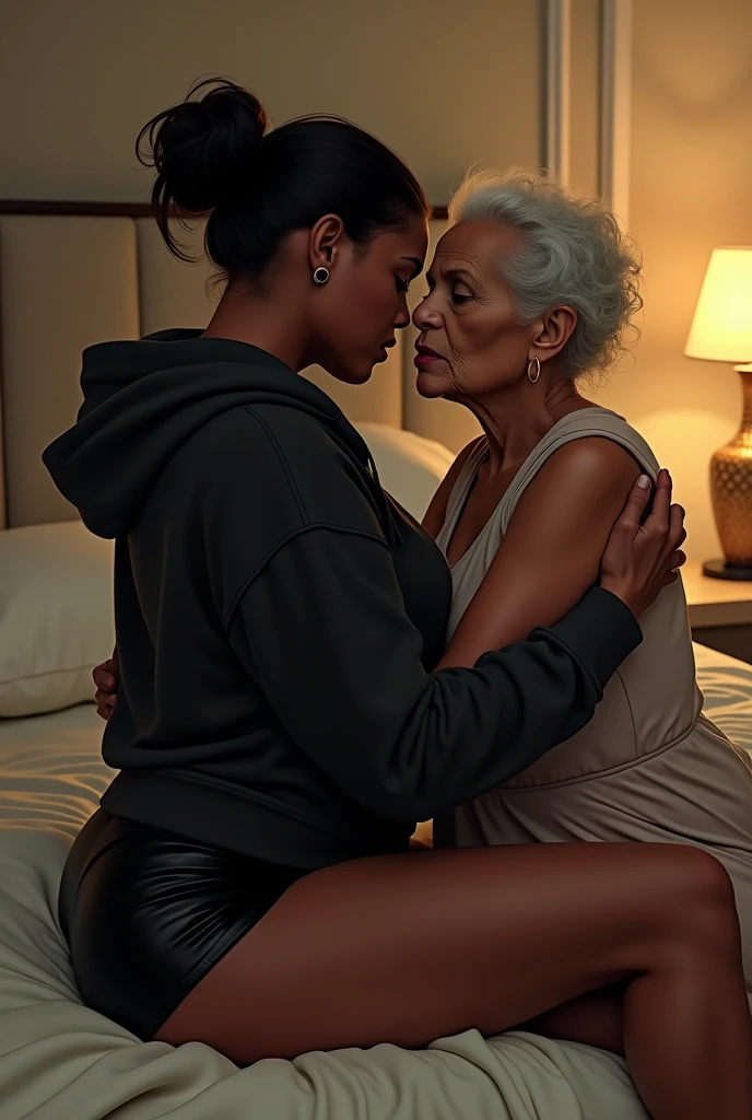 black woman hair in a bun black hoodie black leather short shorts a old grandma in a dress in the bed with her making love and having sex