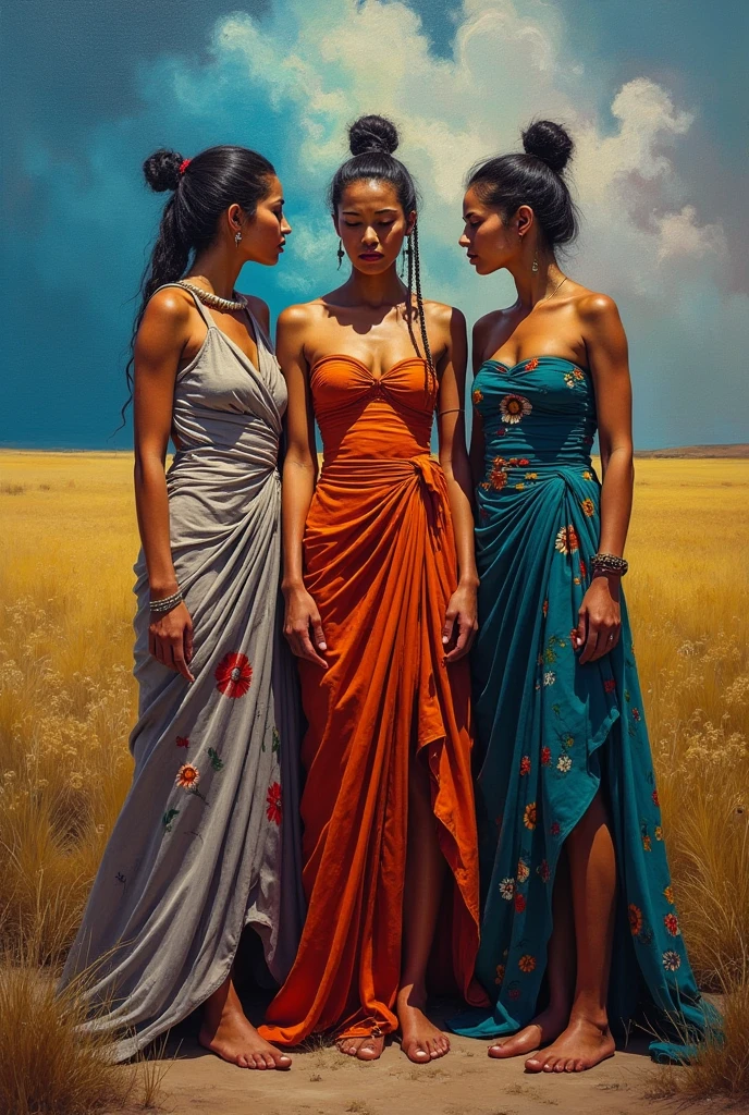  ((three female Greek goddess)), ((Full body)), ((dynamic pose)), (((short hair or hairless))), stunning face ,((Random tribal clothes)), (((tribal artifacts))), (((golden tatoo tribal))), Hard storming and wind effects, Paul Klee style, surreal masterpiece, octane rendering, focus, colorful background, detailed, intricate details, rich colors, barefoot, 
