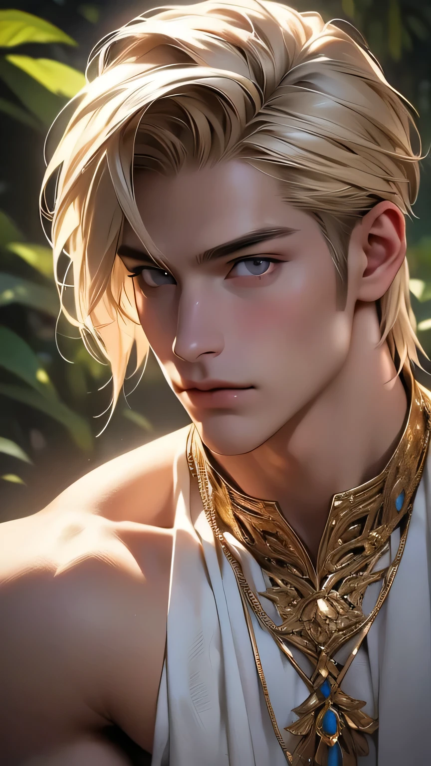 blond man, Looking at this, Realistic, bodybuilder, ((Sexy costume and underwear)), at night forest. (Groin bulge)、masterpiece, 最high quality, high quality, High resolution、Super detailed photos、(Natural skin texture、Detailed skin、Hyperrealism、Ultra Sharpness)、Skin with attention to detail、(Very detailed、Detailed skin texture、Intricate details、Beautiful Face、(A vivid face)、Realistic eyes、Beautiful and fine details、Realistic Skin、Beautiful skins、超Realistic、Very detailed、Golden Ratio