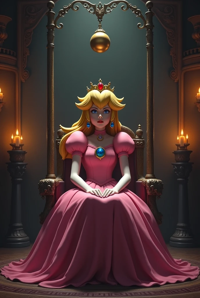 Princess Peach tied to a chair, being hypnotized by a pendulum swinging back and forth
