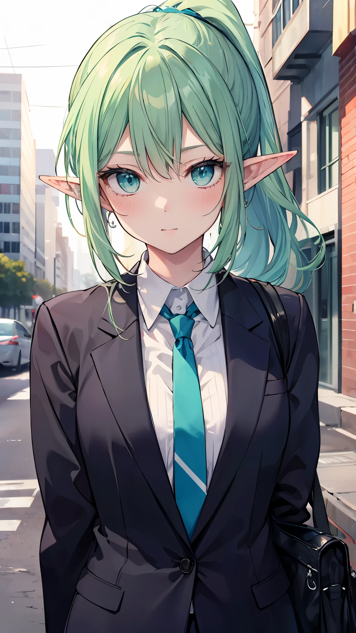 ((masterpiece)), ((best quality)), perfect detailed eyes, perfect detailed face, green hair, long ponytail:1.2, elf, long pointy ears, aqua eyes, Suit style, orange tie, grey suit, On the way to work, Career woman